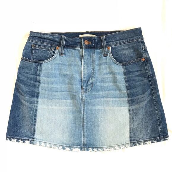 Madewell McCarren Pieced Two Tone Distressed Hem High Rise Denim Skirt - Picture 2 of 12